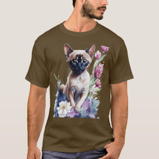 cute Tonkinese kitten in front of flowers vibrant  T-Shirt