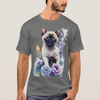 cute Tonkinese kitten in front of flowers vibrant  T-Shirt
