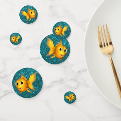 Cute Toon Goldfish on Teal Glitter