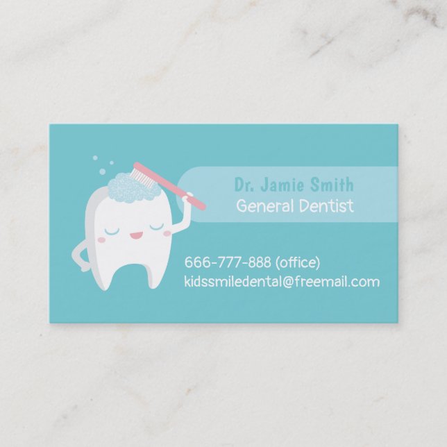 Cute Tooth Brushing With Toothbrush Dentist Business Card (Front)