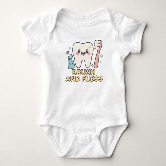 Cute Tooth Cartoon - Brush and Floss Dental Hygien Baby Bodysuit (Front)
