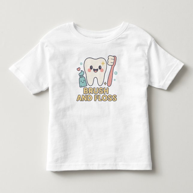 Cute Tooth Cartoon - Brush and Floss Dental Hygien Toddler T-shirt (Front)