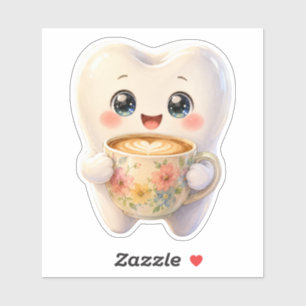 Cute Tooth Drinking Coffee Watercolor Sticker