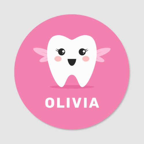 Cute tooth fairy pediatric family dentist pink name tag