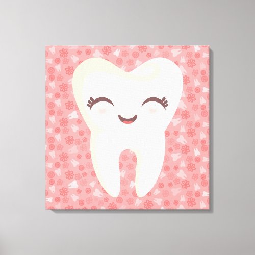 Cute Tooth on Pink Pattern _ Stretched Canvas Art