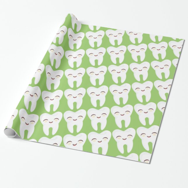 Cute Tooth - Pattern on Green Wrapping Paper (Unrolled)