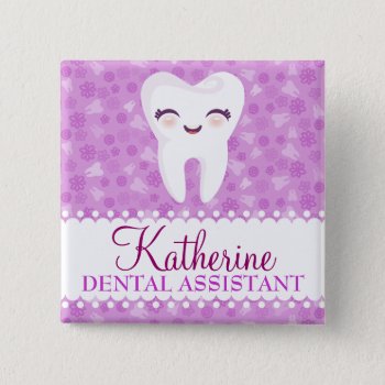 Cute Tooth - Purple Custom Name Badge Button by creativekid at Zazzle