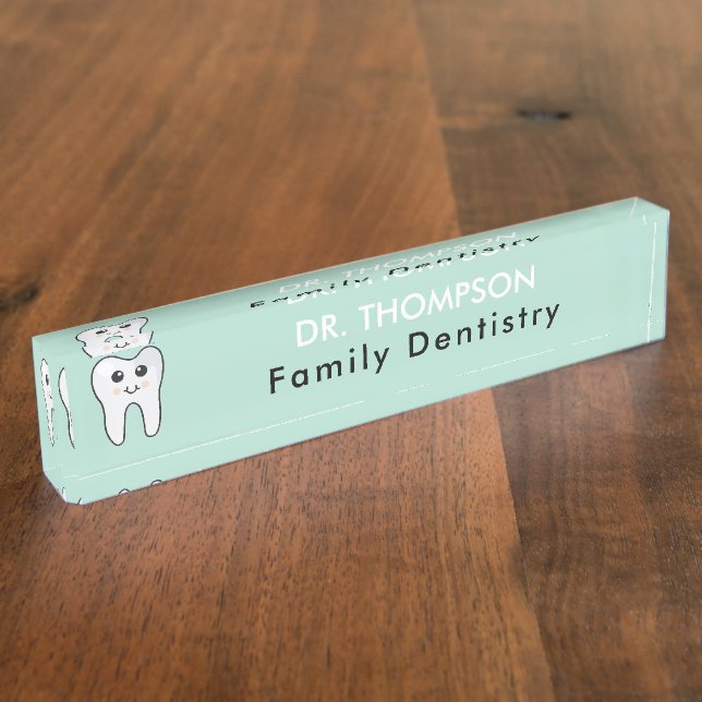 Cute Tooth Teal Mint Dentist Doctor Desk Name Plate (Side)