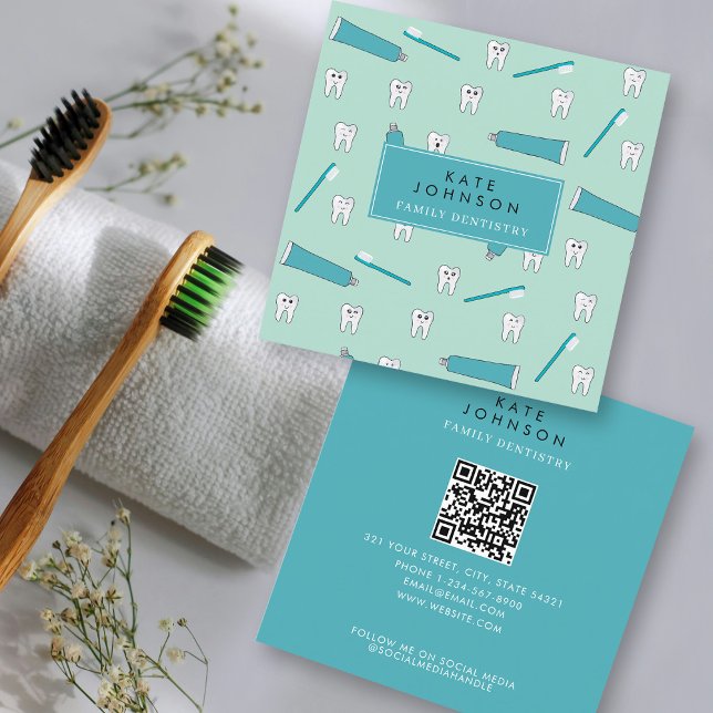 Cute Tooth Teal Mint Dentist QR Code Social Media Square Business Card (Cute Tooth Teal Mint Dentist QR Code Social Media Square Business Card)