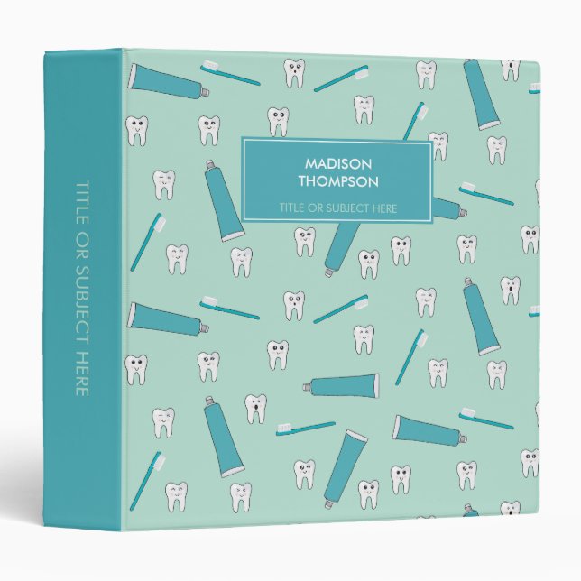 Cute Tooth Teal Mint Toothpaste Toothbrush Pattern 3 Ring Binder (Front/Spine)