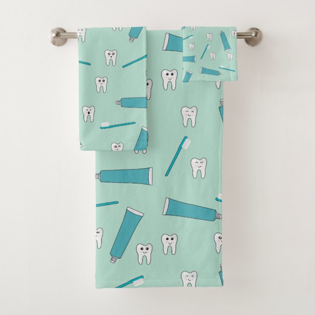Cute Tooth Teal Mint Toothpaste Toothbrush Pattern Bath Towel Set (Insitu)