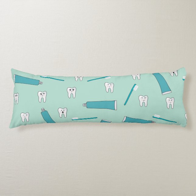 Cute Tooth Teal Mint Toothpaste Toothbrush Pattern Body Pillow (Front)