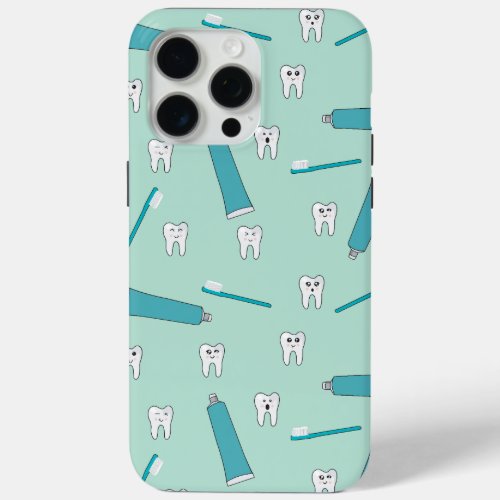 Cute Tooth Teal Mint Toothpaste Toothbrush Pattern iPhone 15 Pro Max Case