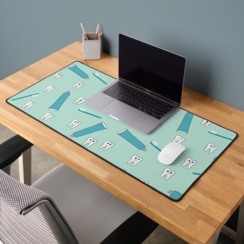 Cute Tooth Teal Mint Toothpaste Toothbrush Pattern Desk Mat