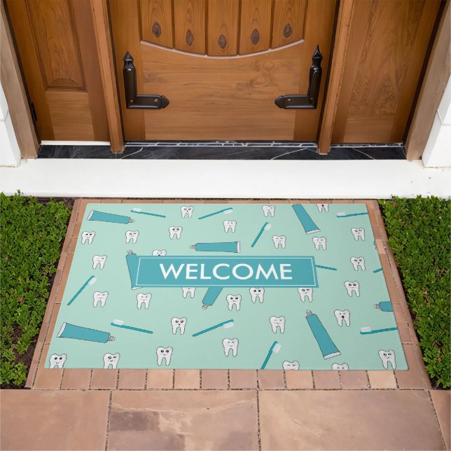 Cute Tooth Teal Mint Toothpaste Toothbrush Pattern Doormat (Outdoor)