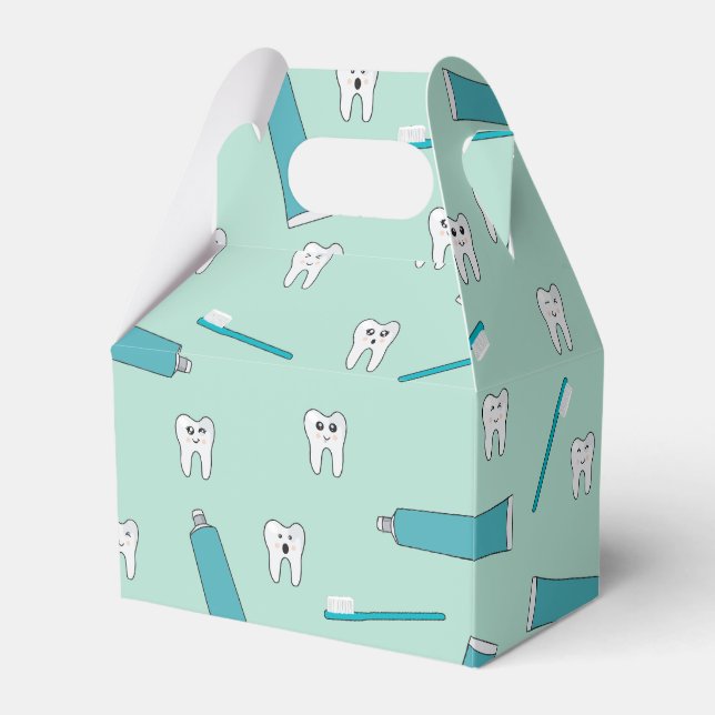 Cute Tooth Teal Mint Toothpaste Toothbrush Pattern Favor Boxes (Front Side)