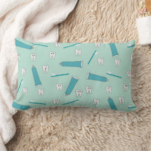Cute Tooth Teal Mint Toothpaste Toothbrush Pattern Lumbar Pillow