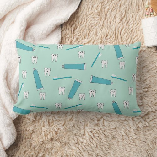 Cute Tooth Teal Mint Toothpaste Toothbrush Pattern Lumbar Pillow