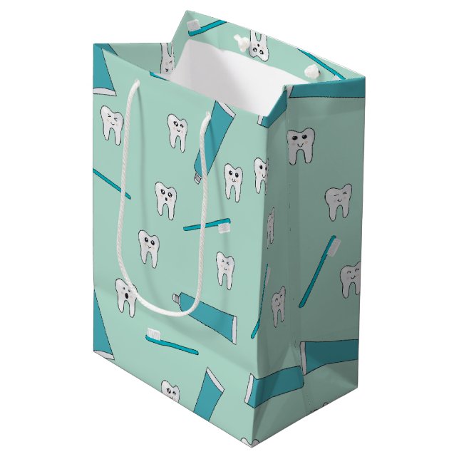 Cute Tooth Teal Mint Toothpaste Toothbrush Pattern Medium Gift Bag (Front Angled)