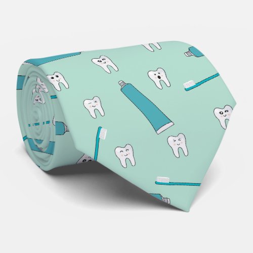 Cute Tooth Teal Mint Toothpaste Toothbrush Pattern Neck Tie