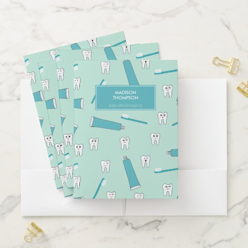 Cute Tooth Teal Mint Toothpaste Toothbrush Pattern Pocket Folder