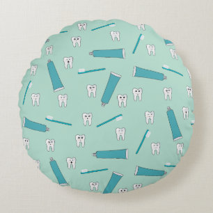 Cute Tooth Teal Mint Toothpaste Toothbrush Pattern Round Pillow