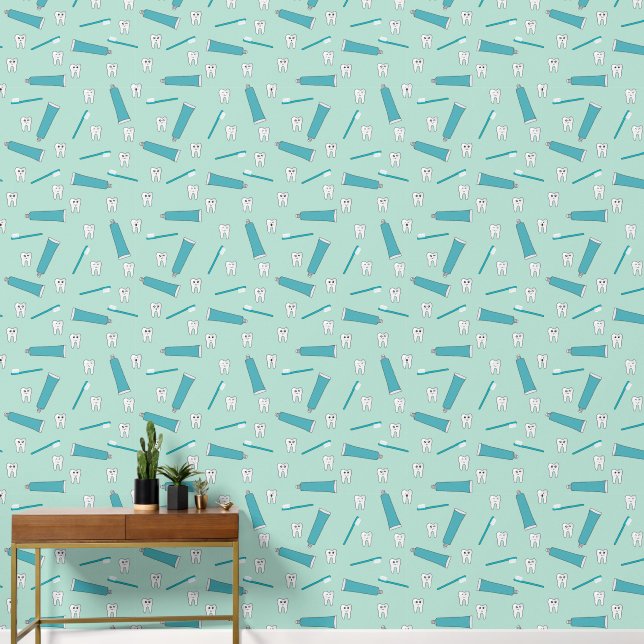 Cute Tooth Teal Mint Toothpaste Toothbrush Pattern Wallpaper (Hallway)