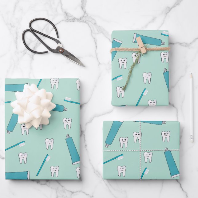 Cute Tooth Teal Mint Toothpaste Toothbrush Pattern Wrapping Paper Sheets (Front)