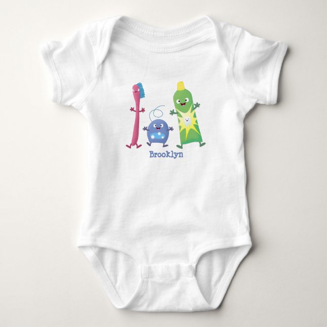 Cute toothbrush toothpaste dental floss cartoon baby bodysuit (Front)