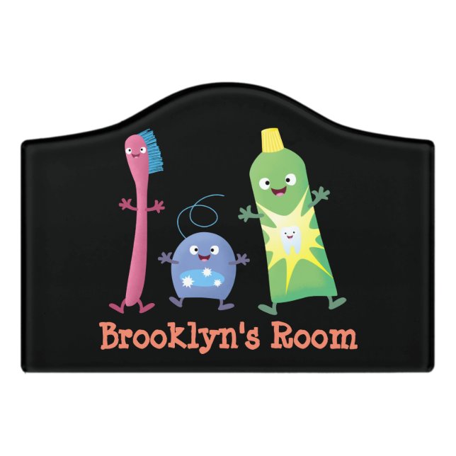 Cute toothbrush toothpaste dental floss cartoon door sign (Small Crest Front)