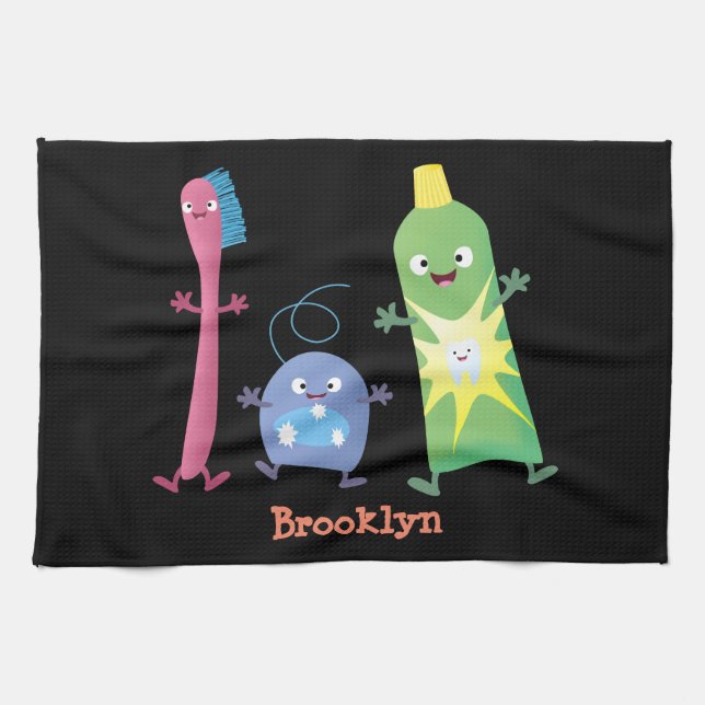 Cute toothbrush toothpaste dental floss cartoon kitchen towel (Horizontal)