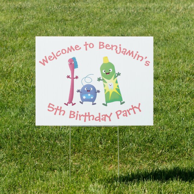 Cute toothbrush toothpaste dental floss cartoon sign (Insitu)