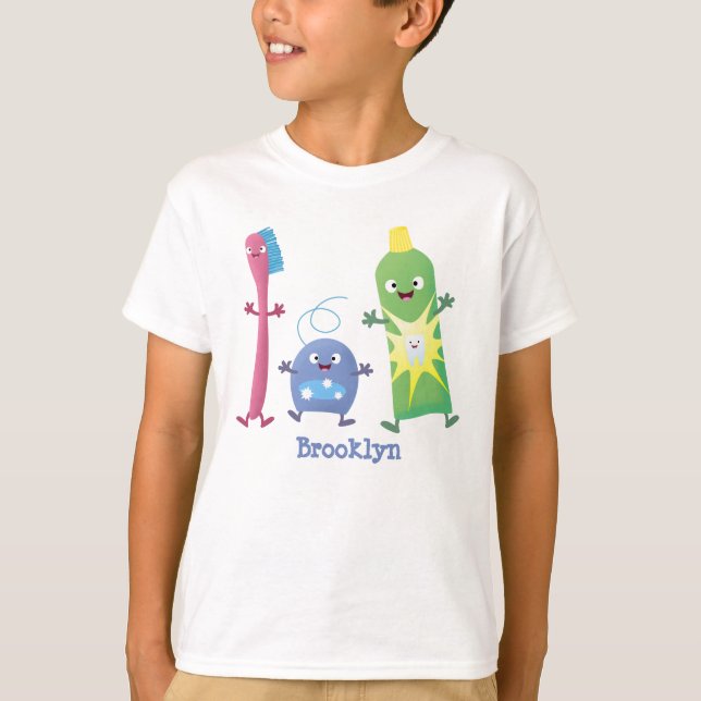 Cute toothbrush toothpaste dental floss cartoon T-Shirt (Front)