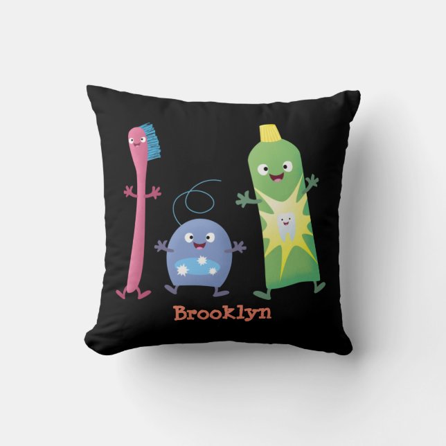 Cute toothbrush toothpaste dental floss cartoon throw pillow (Front)