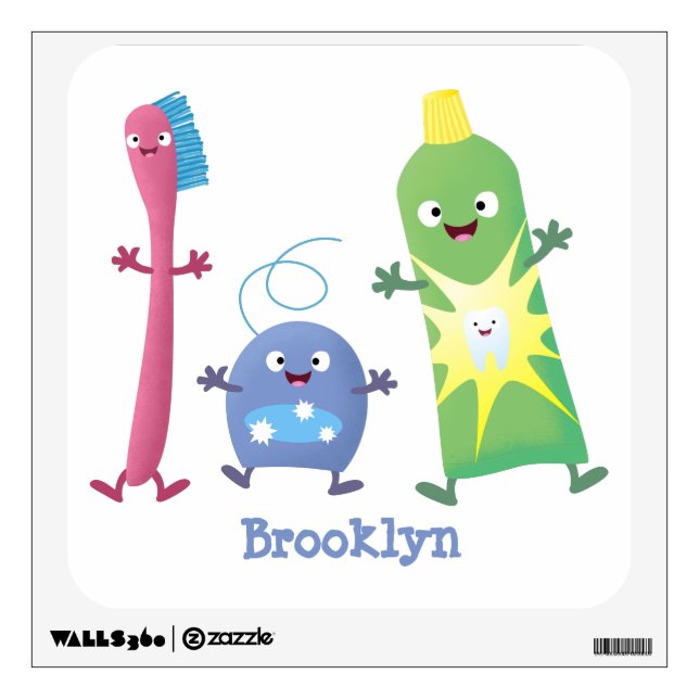 Cute toothbrush toothpaste dental floss cartoon wall decal (Front)