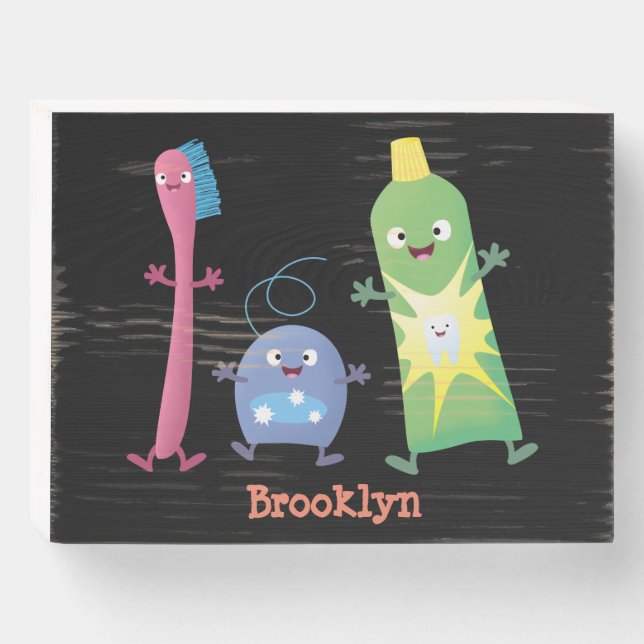 Cute toothbrush toothpaste dental floss cartoon wooden box sign (Front Horizontal)