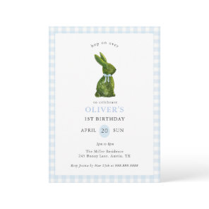 Cute Topiary Bunny blue Gingham Birthday  Invitation