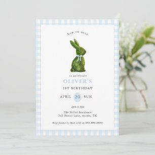 Cute Topiary Bunny blue Gingham Birthday Invitation