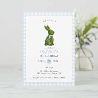 Cute Topiary Bunny blue Gingham Birthday Invitation