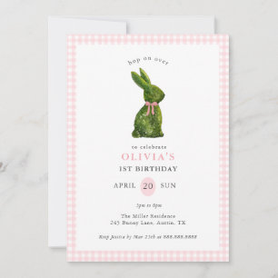 Cute Topiary Bunny Pink Gingham Girl Birthday Invitation