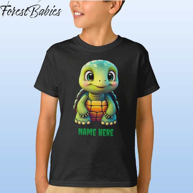 Cute Tortoise Boy's Turtle Animal Cartoon Graphic T-Shirt (Tortoise, Black Customizable ForestBabies T-shirt - Front)