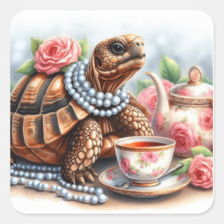 Cute Tortoise Tea Party Square Sticker