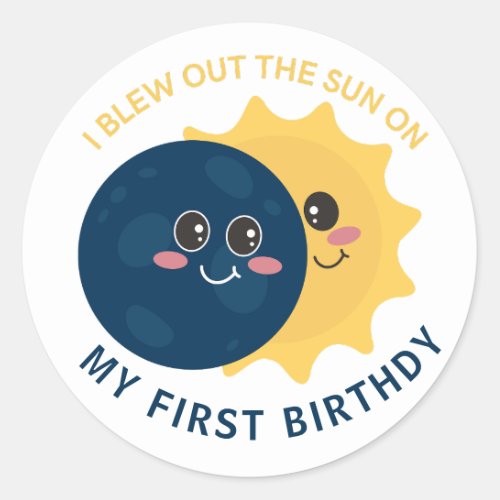 Cute Total Solar Eclipse First Birthday  Moon Sun Classic Round Sticker