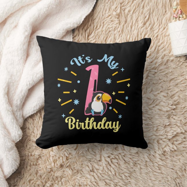 Cute Toucan 1st Birthday 1 Year Old Birth Girl  Throw Pillow (Blanket)