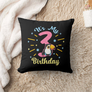 Cute Toucan 3rd Birthday 3 Year Old Birth Girl  Throw Pillow