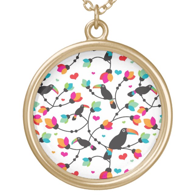 cute toucan bird tropical illustration gold plated necklace (Front)