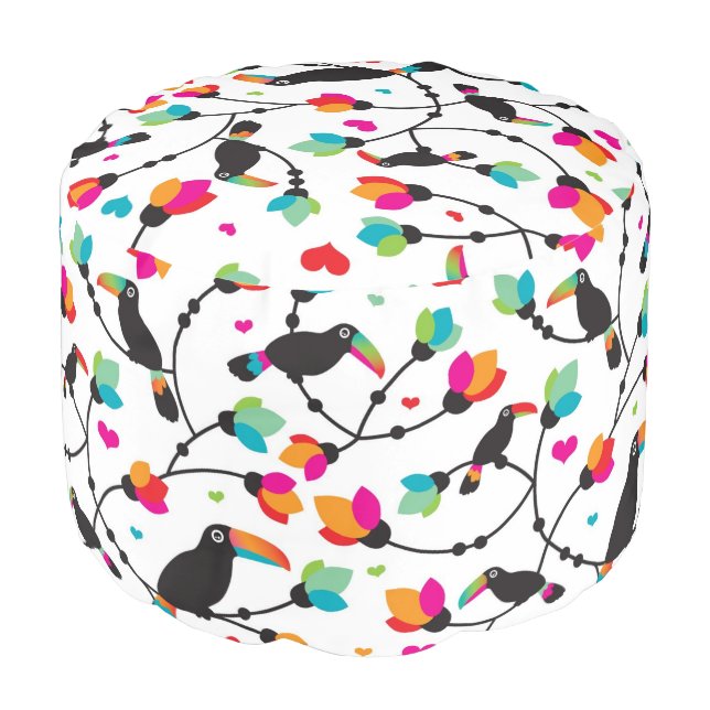 cute toucan bird tropical illustration pouf (Angled Front)