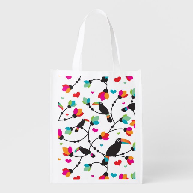 cute toucan bird tropical illustration reusable grocery bag (Front)