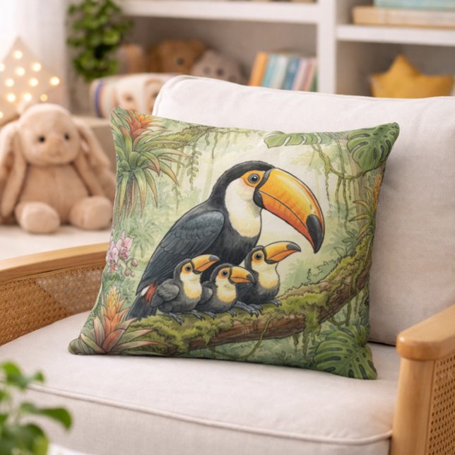 Cute Toucan Mama And Chicks Jungle Animals  Throw Pillow (Creator Uploaded)