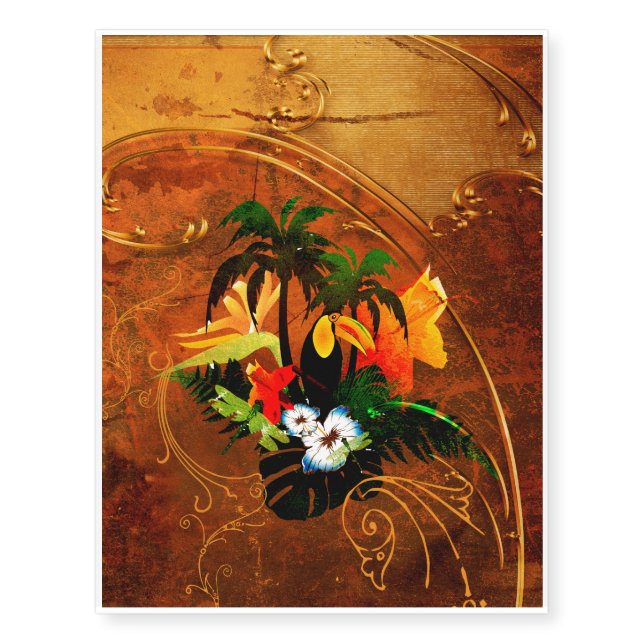 Cute toucan with flowers temporary tattoos (Front)